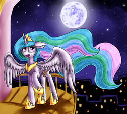 Size: 3000x2700 | Tagged: safe, artist:artyjoyful, princess celestia, lullaby for a princess, g4, balcony, crying, female, floppy ears, high res, mare in the moon, moon, night, raised hoof, solo, spread wings