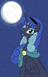 Size: 800x1280 | Tagged: safe, artist:theroyalprincesses, idw, princess luna, g4, reflections, spoiler:comic, alternate hairstyle, artemis luna, clothes, female, looking at you, mirror universe, moon, scarf, sitting, smiling, solo