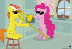 Size: 1024x701 | Tagged: safe, artist:mlpblueray, carrot cake, pinkie pie, earth pony, pony, g4, bipedal, duo, female, male, mare, musical instrument, parody, smiling, stallion, stool, sunglasses, trombone, vector, vine video, when mama isn't home