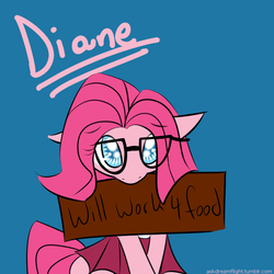 Size: 900x900 | Tagged: safe, artist:joeywaggoner, pinkie pie, the clone that got away, g4, blue background, cute, diabetes, diane, glasses, mouth hold, sign, simple background, solo, will x for y
