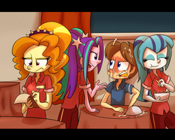 Size: 2500x2000 | Tagged: safe, artist:fj-c, adagio dazzle, aria blaze, sonata dusk, equestria girls, g4, my little pony equestria girls: rainbow rocks, clothes, french fries, high res, noodles, the dazzlings, uniform, waitress