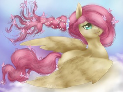 Size: 1024x768 | Tagged: safe, artist:dewdrop-210, fluttershy, butterfly, g4, alternate hairstyle, female, solo