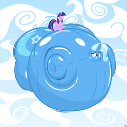 Size: 2500x2500 | Tagged: dead source, safe, artist:navitaserussirus, trixie, twilight sparkle, balloon pony, pony, unicorn, g4, high res, inanimate tf, inflatable, inflation, puffy cheeks, transformation