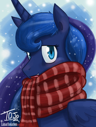Size: 2700x3600 | Tagged: safe, artist:dracojayproduct, princess luna, g4, clothes, female, high res, scarf, snow, snowfall, solo
