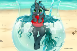 Size: 3000x2000 | Tagged: dead source, safe, artist:mrsremi, queen chrysalis, changeling, changeling queen, g4, beach, blushing, cold, female, glass, high res, ice cube, solo, water