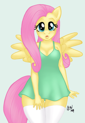 Size: 687x1000 | Tagged: safe, artist:kulli, fluttershy, anthro, g4, clothes, dress, female, solo, sundress, thigh highs