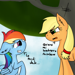 Size: 512x512 | Tagged: safe, artist:honeyheart23, applejack, rainbow dash, g4, spanish, translated in the comments