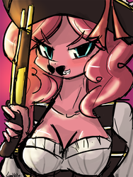 Size: 720x960 | Tagged: dead source, source needed, safe, artist:lumineko, pinkie pie, earth pony, anthro, g4, cleavage, clothes, female, gun, hat, looking at you, moustache, smiling, solo
