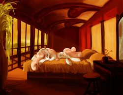 Size: 2982x2297 | Tagged: safe, artist:pedrohander, fleur-de-lis, pony, unicorn, g4, bed, bedroom, bedroom eyes, colored, female, high res, looking at you, prone, smiling, solo, sunset