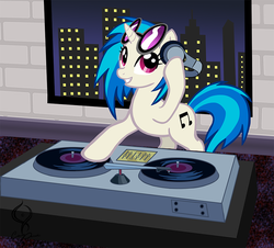 Size: 800x724 | Tagged: safe, artist:mysticgaia, dj pon-3, vinyl scratch, pony, unicorn, g4, female, headphones, hooves, horn, mare, mixing console, smiling, solo, sunglasses, teeth, turntable, window