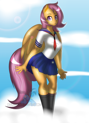 Size: 1332x1828 | Tagged: safe, artist:dekomaru, scootaloo, anthro, g4, beautiful, clothes, female, miniskirt, older, pleated skirt, sailor uniform, school uniform, schoolgirl, skirt, skirtaloo, socks, solo, watermark