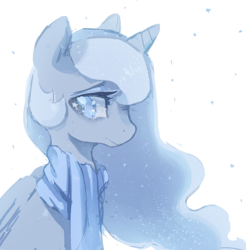 Size: 843x858 | Tagged: safe, artist:mewball, princess luna, alicorn, pony, g4, clothes, ethereal mane, female, horn, mare, monochrome, scarf, simple background, solo, sparkly eyes, starry eyes, white background, wingding eyes, wings