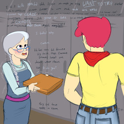 Size: 1000x1000 | Tagged: safe, artist:aa, apple bloom, silver spoon, human, g4, applebuck, bandana, blushing, colored, female, flirting, half r63 shipping, humanized, lockers, male, nervous, older, older apple bloom, older silver spoon, rule 63, shaking, ship:applespoon, ship:silverbuck, shipping, straight, wavy mouth