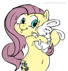 Size: 450x475 | Tagged: safe, artist:wuzzlefluff, artist:yipsy, angel bunny, fluttershy, g4, belly button, blushing, colored, hug