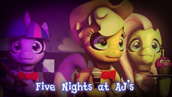 Size: 1024x576 | Tagged: safe, applejack, fluttershy, twilight sparkle, alicorn, pony, robot, robot pony, five nights at aj's, g4, 3d, animatronic, applefreddy, cupcake, female, five nights at freddy's, flutterchica, gmod, guitar, looking at you, mare, source filmmaker, twibon, twilight sparkle (alicorn)