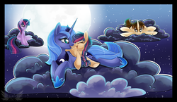 Size: 1900x1100 | Tagged: safe, artist:blackfreya, princess luna, twilight sparkle, oc, oc:mayday parker sparkle, alicorn, pony, spiders and magic: rise of spider-mane, g4, boop, crossover, crossover shipping, female, male, mare, night, noseboop, offspring, parent:peter parker, parent:twilight sparkle, parents:spidertwi, peter parker, s1 luna, spider-man, spiders and magic ii: eleven months, spidertwi, twilight sparkle (alicorn)