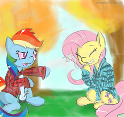 Size: 1000x948 | Tagged: safe, artist:wuzzlefluff, fluttershy, rainbow dash, g4, blunt, bong, clothes, drugs, duo, flannel, flutterhigh, flutterjoint, forest, high, joint, laughing, marijuana, plaid shirt, rainbow hash, smoke, smoking