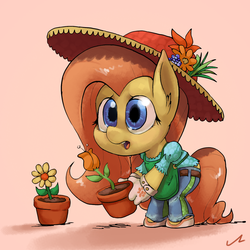 Size: 1500x1500 | Tagged: safe, artist:docwario, fluttershy, anthro, g4, apron, clothes, female, flower, flower pot, gloves, hat, holding, looking at you, pants, potted plant, solo