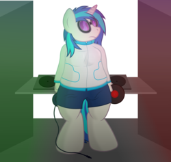 Size: 6333x5994 | Tagged: safe, artist:gray-gold, dj pon-3, vinyl scratch, anthro, g4, absurd resolution, chubby, clothes, female, jacket, record, solo, turntable