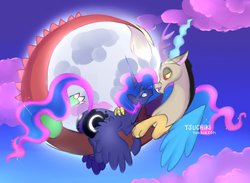 Size: 1044x766 | Tagged: safe, artist:kkitsu, discord, princess luna, g4, bedroom eyes, butt, cuddling, eye contact, female, flying, male, missing accessory, moon, moonbutt, night, on top, prone, romantic, ship:lunacord, shipping, signature, smiling, snuggling, straight