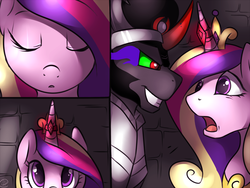 Size: 1280x960 | Tagged: safe, artist:meggchan, king sombra, princess cadance, pony, comic:princess cadance x king sombra, g4, :o, comic, crown, duo, explicit source, eye contact, eyes closed, female, glare, grin, horn, horn ring, infidelity, jewelry, magic suppression, male, open mouth, regalia, scared, ship:somdance, shipping, smirk, straight, tiara, wide eyes