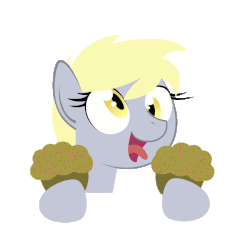 Size: 900x900 | Tagged: safe, artist:nezumiyuki, derpy hooves, pegasus, pony, g4, animated, female, mare, muffin, open mouth, simple background, smiling, solo, that pony sure does love muffins, tongue out, transparent background