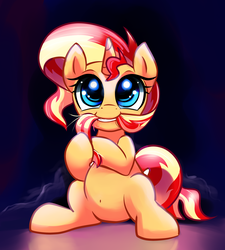 Size: 2259x2514 | Tagged: safe, artist:gsphere, sunset shimmer, pony, unicorn, g4, belly button, cute, female, hair bite, happy, high res, horn, looking at you, mare, shimmerbetes, smiling, smiling at you, solo, weapons-grade cute