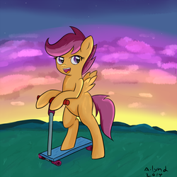 Size: 800x800 | Tagged: safe, artist:ailynd, scootaloo, pegasus, pony, g4, confident, scooter, sunset