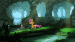 Size: 4000x2250 | Tagged: safe, artist:fuzzyfox11, scootaloo, g4, exploring, female, forest, river, scenery, solo