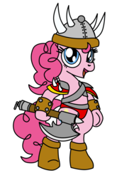 Size: 1700x2252 | Tagged: safe, artist:pananovich, pinkie pie, orc, pony, g4, axe, bipedal, female, helmet, simple background, solo, transparent background
