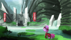 Size: 4000x2250 | Tagged: safe, artist:fuzzyfox11, berry punch, berryshine, g4, building, clothes, exploring, forest, goggles, river, temple