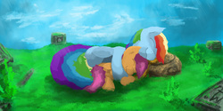 Size: 5000x2500 | Tagged: safe, artist:fuzzyfox11, rainbow dash, scootaloo, g4, scenery, scootalove, sleeping, snuggling