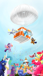 Size: 449x792 | Tagged: safe, artist:henbe, apple bloom, applejack, big macintosh, derpy hooves, fluttershy, pinkie pie, princess celestia, princess luna, rainbow dash, rarity, spike, twilight sparkle, alicorn, pony, g4, confetti, female, flugelhorn, goggles, mare, parachute, ponyville, space capsule, twilight sparkle (alicorn)