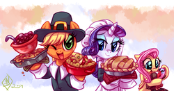 Size: 1280x671 | Tagged: safe, artist:whitediamonds, applejack, fluttershy, rarity, earth pony, pegasus, pony, turkey, unicorn, rarijack daily, g4, 2014, apple pie, bonnet, clothes, female, food, freckles, hat, lesbian, looking at you, mare, one eye closed, open mouth, pie, pilgrim hat, pilgrim outfit, ship:rarijack, shipping, thanksgiving, trio, wink