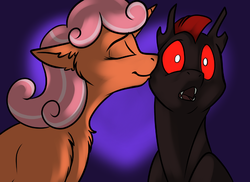 Size: 1000x729 | Tagged: safe, artist:foxenawolf, oc, oc only, oc:peach delight, oc:red archer, changeling, pony, unicorn, fanfic:conversations in a canterlot café, cheek kiss, commission, eyes closed, fanfic art, fangs, fluffy, kissing, open mouth, red changeling, smiling, surprise kiss, surprised, wide eyes