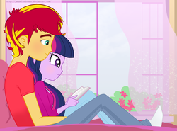Size: 4144x3072 | Tagged: dead source, source needed, safe, artist:jaquelindreamz, sunset shimmer, twilight sparkle, equestria girls, g4, duo, equestria guys, female, half r63 shipping, male, reading, rule 63, ship:sunsetsparkle, ship:twiglare, shipping, straight, sunset glare, twilight sparkle (alicorn)