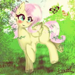 Size: 1024x1024 | Tagged: safe, artist:doubt, fluttershy, butterfly, pegasus, pony, g4, blushing, female, grass, mare, signature, smiling, solo