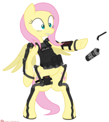 Size: 3593x4000 | Tagged: safe, artist:orang111, fluttershy, pony, g4, advanced warfare, alternate hairstyle, armpad computer, atlas corporation, bipedal, call of duty, call of duty: advanced warfare, cycle greanade, exosuit, grenade, jack mitchell, powered exoskeleton