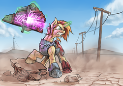 Size: 1024x715 | Tagged: safe, artist:kalemon, oc, oc only, oc:anvel, pony, unicorn, fallout equestria, borderlands, buff, desert, female, gritted teeth, gun, muscles, muscular female, solo, teeth