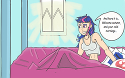 Size: 1280x800 | Tagged: safe, artist:jurgenzuo, twilight sparkle, human, g4, autumn, bed, cold, female, humanized, solo