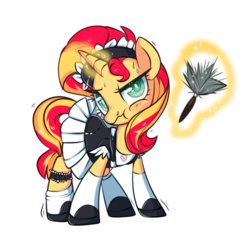 Size: 659x640 | Tagged: dead source, safe, artist:suzuii, sunset shimmer, pony, unicorn, g4, clothes, cute, duster, magic, maid, pouting, shimmerbetes, simple background, solo, transparent background