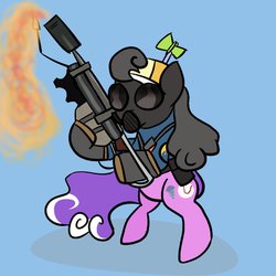 Size: 894x894 | Tagged: safe, artist:cheeseshtick, screwball, g4, crossover, flamethrower, gas mask, hat, propeller hat, pyro (tf2), team fortress 2, weapon