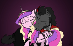 Size: 2211x1417 | Tagged: safe, artist:assassin-or-shadow, king sombra, princess cadance, g4, eyes closed, messy mane, nuzzling, open mouth, raised hoof, ship:somdance, shipping