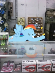 Size: 1536x2048 | Tagged: safe, artist:pablo09042, artist:tokkazutara1164, rainbow dash, g4, bits, brass knuckles, flashlight (object), irl, job, photo, ponies in real life, reflection, self defense, sign, smiling, solo, store, vector, walkie talkie