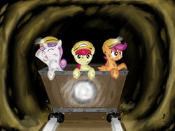 Size: 1000x750 | Tagged: safe, artist:fangzel, apple bloom, scootaloo, sweetie belle, g4, cutie mark crusaders, helmet, minecart, this will end in tears and/or death and/or covered in tree sap, tree sap and pine needles