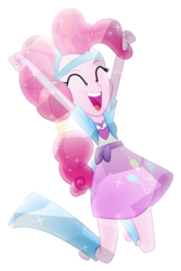 Size: 1024x1529 | Tagged: dead source, safe, artist:meteor-spark, pinkie pie, equestria girls, g4, .svg available, balloon, boots, clothes, crystallized, eyes closed, female, happy, headband, high heel boots, jumping, open mouth, ponytail, skirt, solo, sparkles