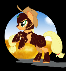 Size: 697x752 | Tagged: safe, artist:lannakitty, applejack, earth pony, pony, fanfic:it's a dangerous business going out your door, g4, armor, fanfic art, female, frown, glare, leather armor, mare, rearing, solo
