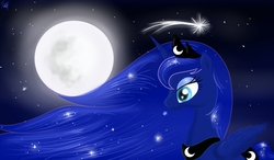 Size: 1280x750 | Tagged: safe, artist:vanezaescobedo, princess luna, alicorn, pony, g4, female, mare, moon, shooting star, smiling, solo