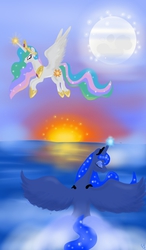 Size: 750x1280 | Tagged: safe, artist:vanezaescobedo, princess celestia, princess luna, alicorn, pony, g4, cloud, cloudy, duo, magic, moon, ocean, spread wings, sun