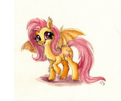 Size: 1024x850 | Tagged: safe, artist:zarielcharoitite, fluttershy, g4, chest fluff, female, fluffy, flutterbat, raised hoof, smiling, solo, spread wings, traditional art